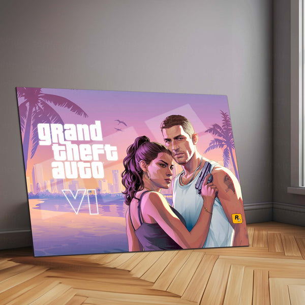 Grand Theft Auto VI Jason & Lucia Landscape Metal Poster | GTA 6 Vice City Gaming Wall Art