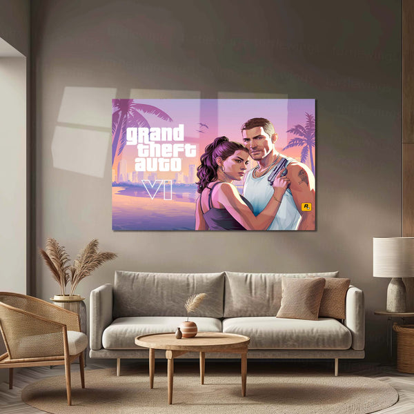 Grand Theft Auto VI Jason & Lucia Landscape Metal Poster | GTA 6 Vice City Gaming Wall Art