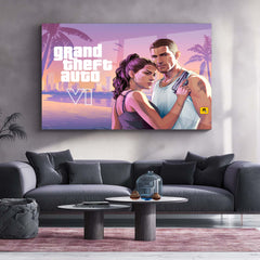 Grand Theft Auto VI Jason & Lucia Landscape Metal Poster | GTA 6 Vice City Gaming Wall Art