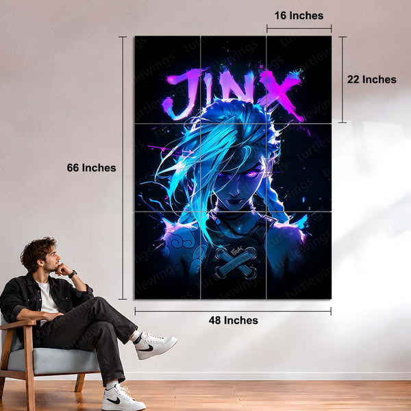 Game Metal Poster Set of 9 | Jinx Metal | Arcane League of Legends Wall Art | Blue & Purple Jinx 9 Panel Metal Print