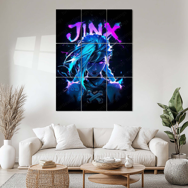 Game Metal Poster Set of 9 | Jinx Metal | Arcane League of Legends Wall Art | Blue & Purple Jinx 9 Panel Metal Print