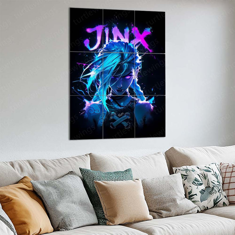 Game Metal Poster Set of 9 | Jinx Metal | Arcane League of Legends Wall Art | Blue & Purple Jinx 9 Panel Metal Print