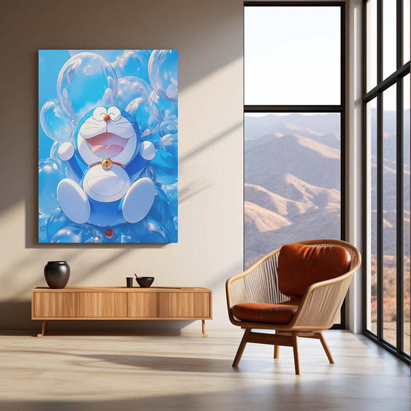Joyful Doraemon – Floating in Bubbles of Happiness Metal Poster | Classic Anime Wall Frame