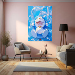 Joyful Doraemon – Floating in Bubbles of Happiness Metal Poster | Classic Anime Wall Frame