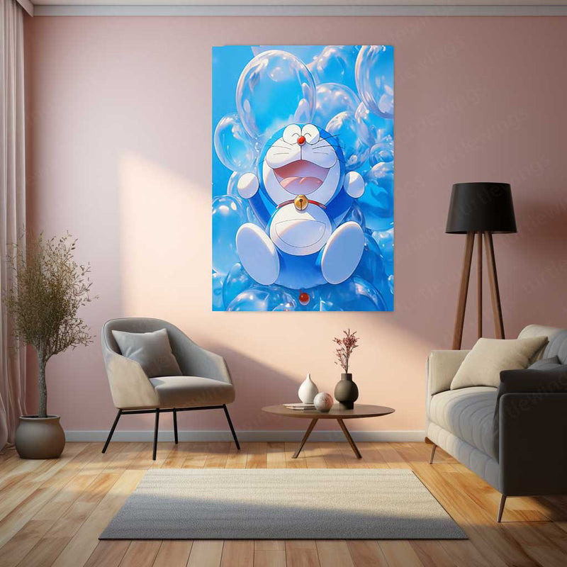 Joyful Doraemon – Floating in Bubbles of Happiness Metal Poster | Classic Anime Wall Frame