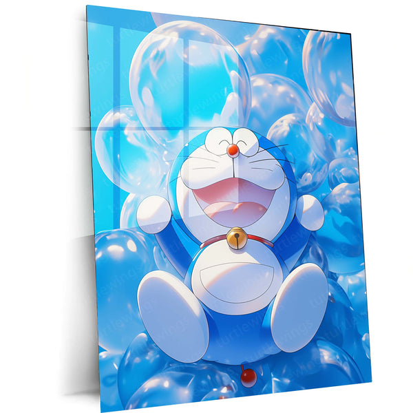 Joyful Doraemon – Floating in Bubbles of Happiness Metal Poster | Classic Anime Wall Frame
