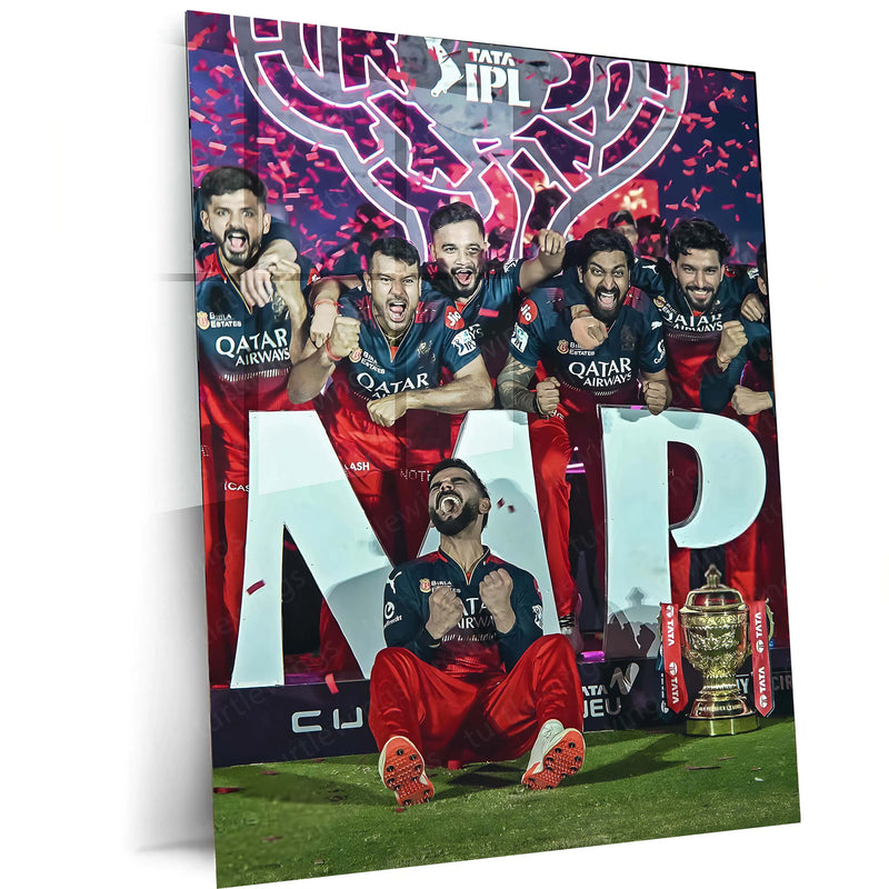 Cricket Metal Poster |🏆 RCB Wins IPL Trophy 2025 – Champion Celebration Metal Poster | Virat Kohli Led Victory Wall Art 05