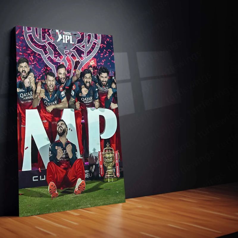 Cricket Metal Poster |🏆 RCB Wins IPL Trophy 2025 – Champion Celebration Metal Poster | Virat Kohli Led Victory Wall Art 05