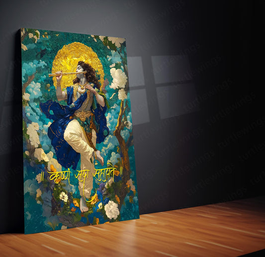 Spiritual God Metal Poster  | Krushna Sada Sahayte Metal Poster | Divine Krishna Wall Art | Spiritual Home Decor