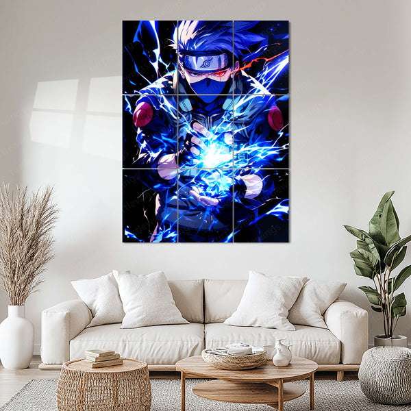 Anime Metal Poster Set of 9 | Naruto Shippuden | Kakashi Hatake Anime Wall Art | Sharingan Chidori 9 Panel Metal Print | Copy Ninja Decor