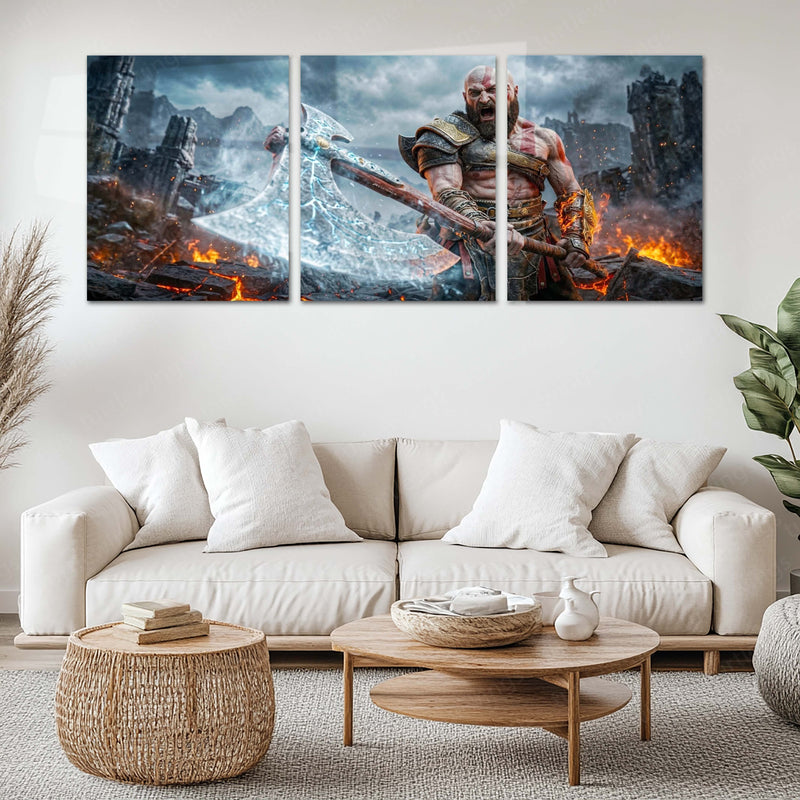 Game Metal Poster Set of 3 | God of War | Kratos Leviathan Axe Battle Triptych Wall Art – main product image