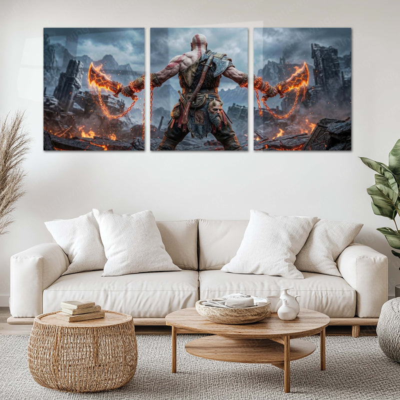 Game Metal Poster Set of 3 | God of War | Kratos Blades of Chaos Battle Triptych Wall Art – main product image