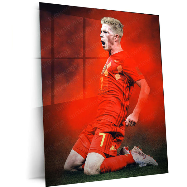 Kevin De Bruyne Belgium Jersey – Red Smoke Background Metal Frame | Midfield Maestro Wall Art - TURTLEWINGS 