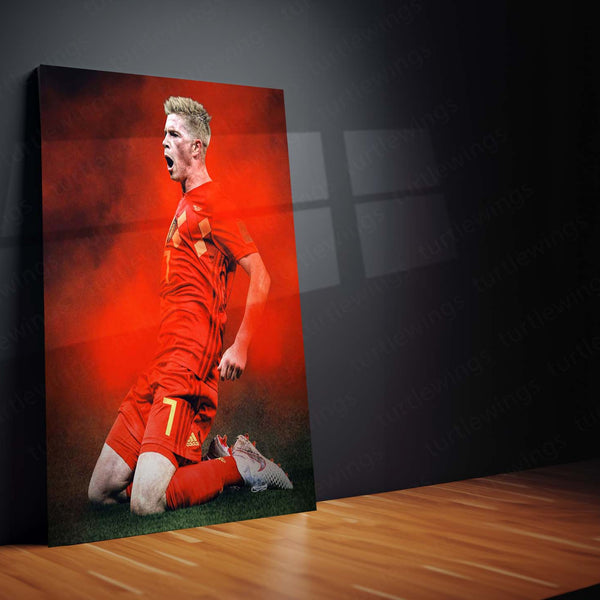 Kevin De Bruyne Belgium Jersey – Red Smoke Background Metal Frame | Midfield Maestro Wall Art - TURTLEWINGS 