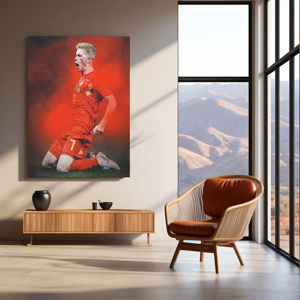 Kevin De Bruyne Belgium Jersey – Red Smoke Background Metal Frame | Midfield Maestro Wall Art - TURTLEWINGS 
