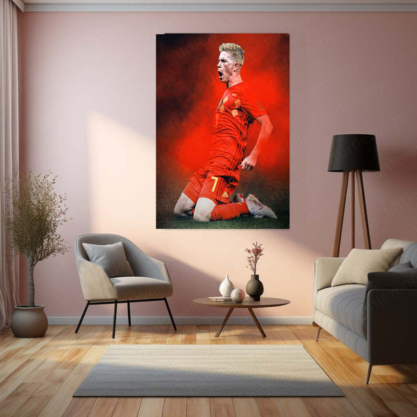 Kevin De Bruyne Belgium Jersey – Red Smoke Background Metal Frame | Midfield Maestro Wall Art - TURTLEWINGS 