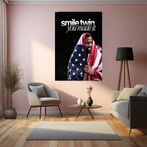 Quote Metal Poster | Kevin Durant – “smile twin, you made it.” Quote | Basketball Motivation Metal Frame Wall Art - TURTLEWINGS 