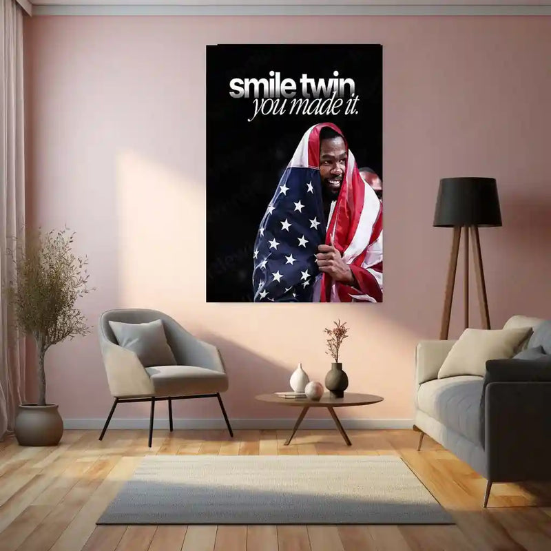 Quote Metal Poster | Kevin Durant – “smile twin, you made it.” Quote | Basketball Motivation Metal Frame Wall Art - TURTLEWINGS 