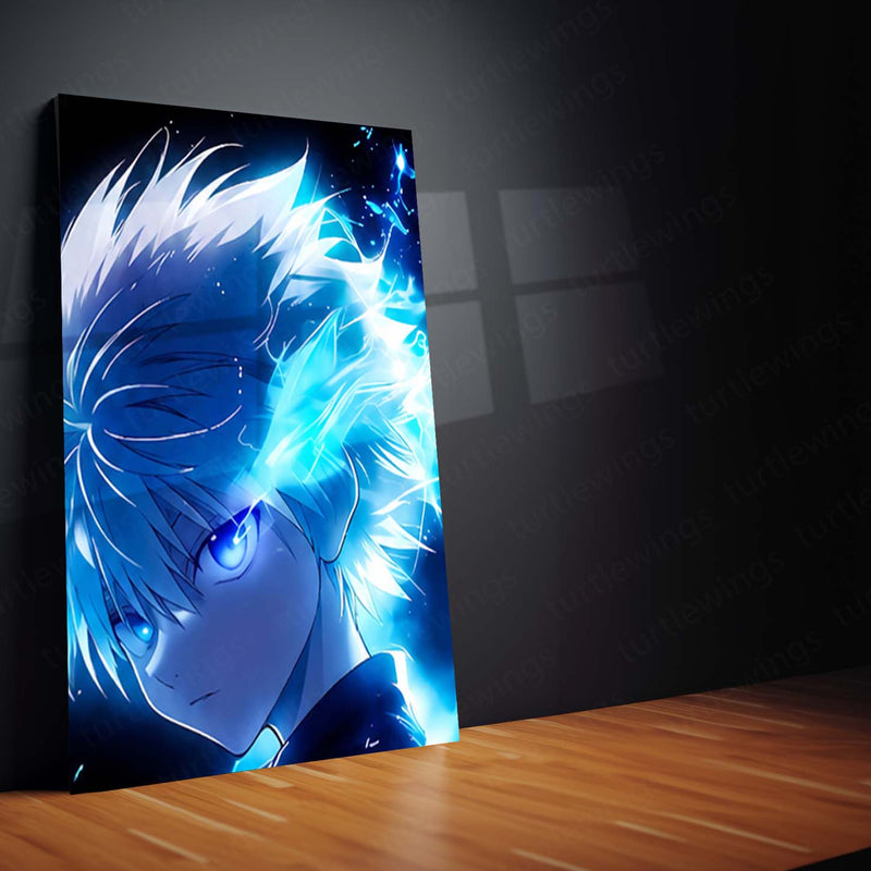 Anime Metal Poster Set of 9 | Killua Zoldyck | Hunter x Hunter Anime Wall Art | Godspeed Lightning 9 Panel Metal Print | Electric Blue Anime Decor