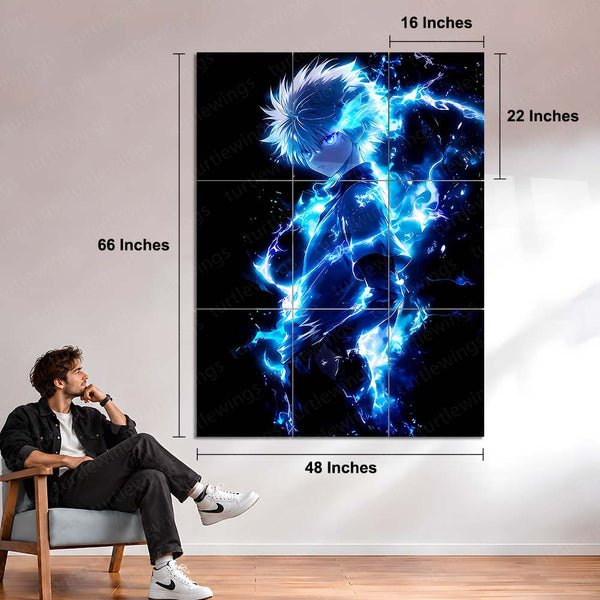 Anime Metal Poster Set of 9 | Killua Zoldyck | Hunter x Hunter Anime Wall Art | Godspeed Lightning 9 Panel Metal Print | Electric Blue Anime Decor