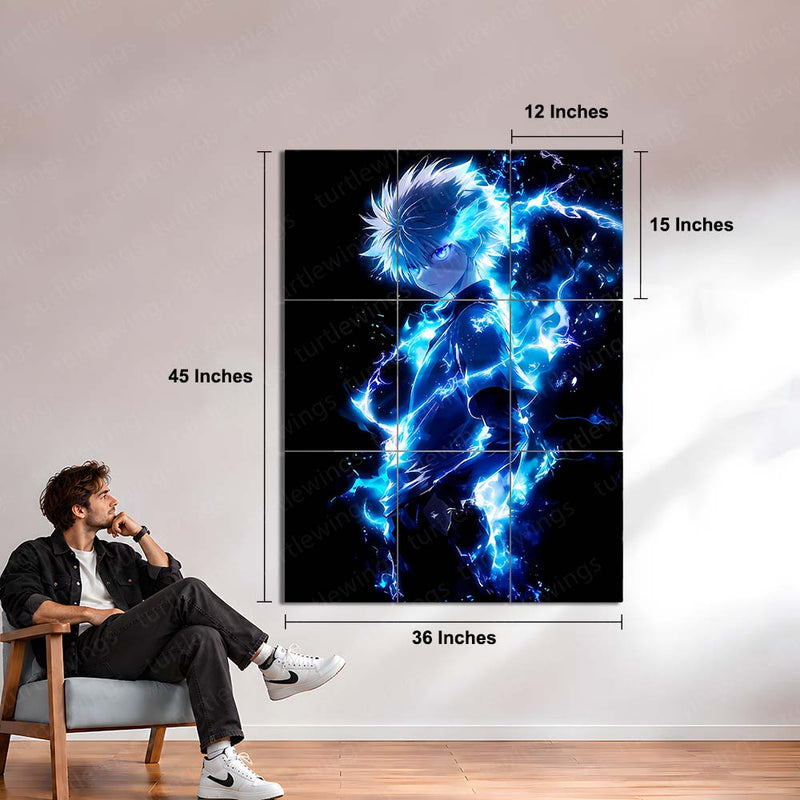 Anime Metal Poster Set of 9 | Killua Zoldyck | Hunter x Hunter Anime Wall Art | Godspeed Lightning 9 Panel Metal Print | Electric Blue Anime Decor
