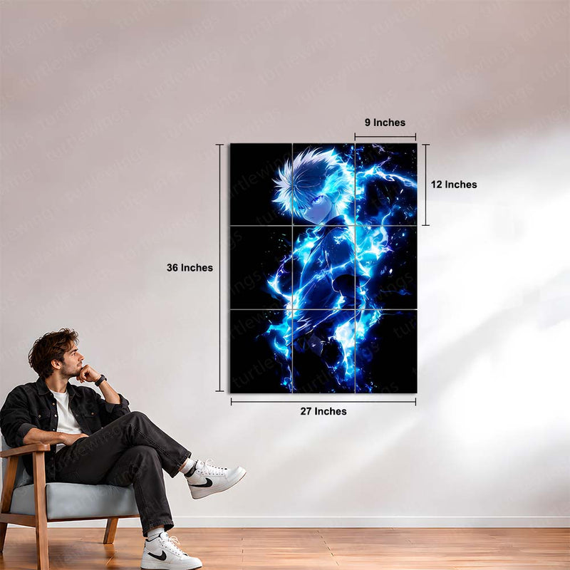 Anime Metal Poster Set of 9 | Killua Zoldyck | Hunter x Hunter Anime Wall Art | Godspeed Lightning 9 Panel Metal Print | Electric Blue Anime Decor