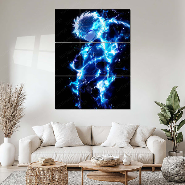 Anime Metal Poster Set of 9 | Killua Zoldyck | Hunter x Hunter Anime Wall Art | Godspeed Lightning 9 Panel Metal Print | Electric Blue Anime Decor