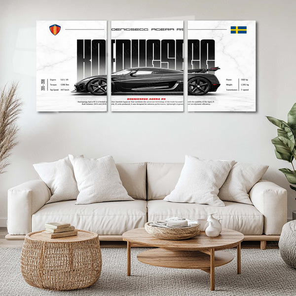 Car Metal Poster Set of 3 | Koenigsegg Agera RS | Black Hypercar Triptych Wall Art | Premium Automotive Metal Print