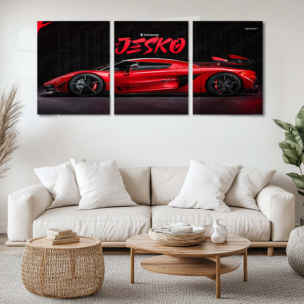 Car Metal Poster Set of 3 | Koenigsegg Jesko | Red Hypercar Triptych Wall Art | Premium Automotive Metal Print
