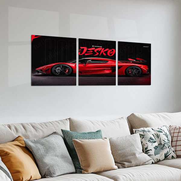 Car Metal Poster Set of 3 | Koenigsegg Jesko | Red Hypercar Triptych Wall Art | Premium Automotive Metal Print