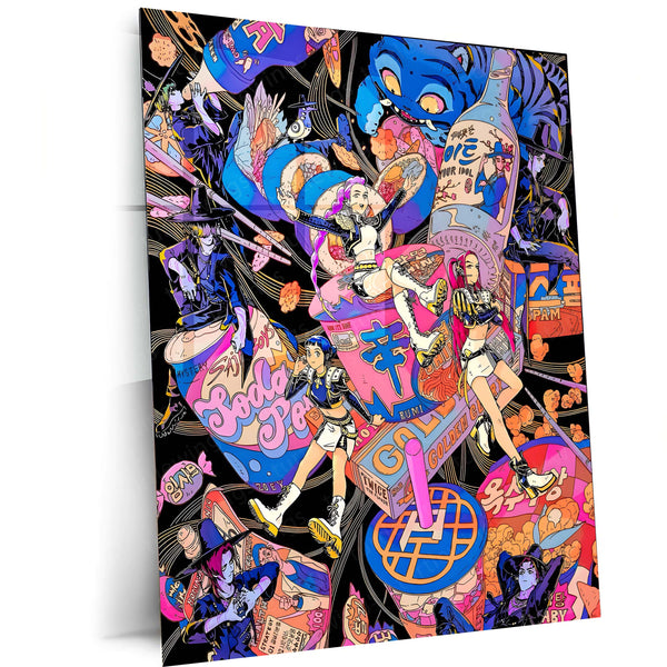 Anime Metal Poster | K-Pop × Demon Slayer – Neon Chaos Artwork | Vibrant Anime Pop Culture Metal Frame Poster