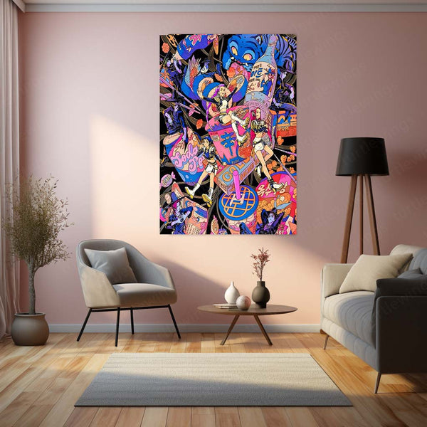 Anime Metal Poster | K-Pop × Demon Slayer – Neon Chaos Artwork | Vibrant Anime Pop Culture Metal Frame Poster