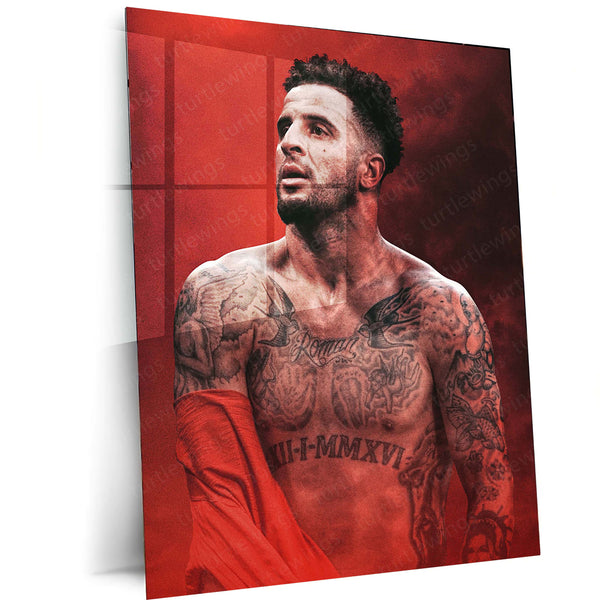 Kyle Walker Shirtless Portrait – Red Smoke Background Metal Frame | Athletic Strength Wall Art - TURTLEWINGS 