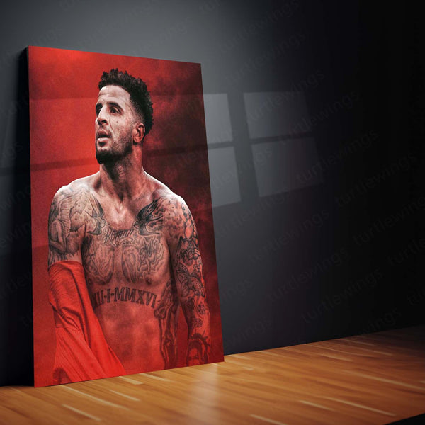 Kyle Walker Shirtless Portrait – Red Smoke Background Metal Frame | Athletic Strength Wall Art - TURTLEWINGS 