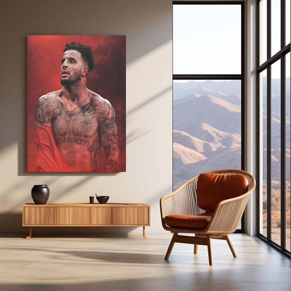 Kyle Walker Shirtless Portrait – Red Smoke Background Metal Frame | Athletic Strength Wall Art - TURTLEWINGS 