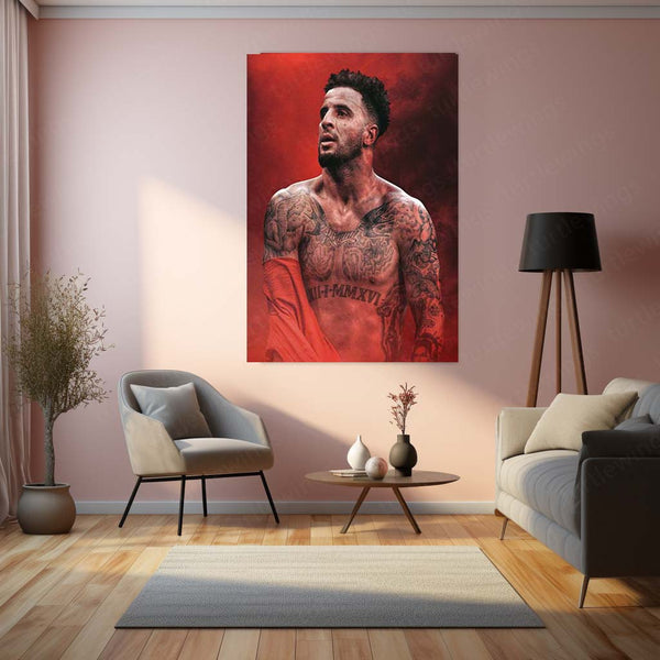 Kyle Walker Shirtless Portrait – Red Smoke Background Metal Frame | Athletic Strength Wall Art - TURTLEWINGS 