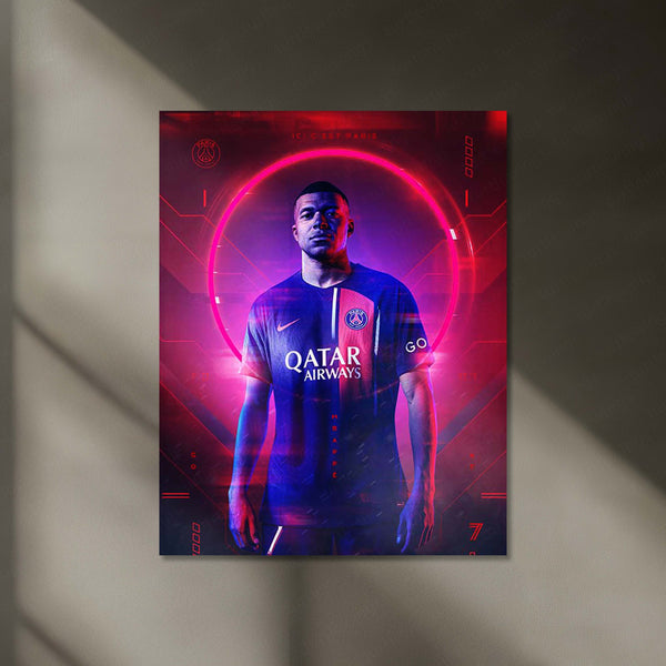 Kylian Mbappé – PSG Neon Glow Edition Metal Poster | Football Superstar LED Wall Frame