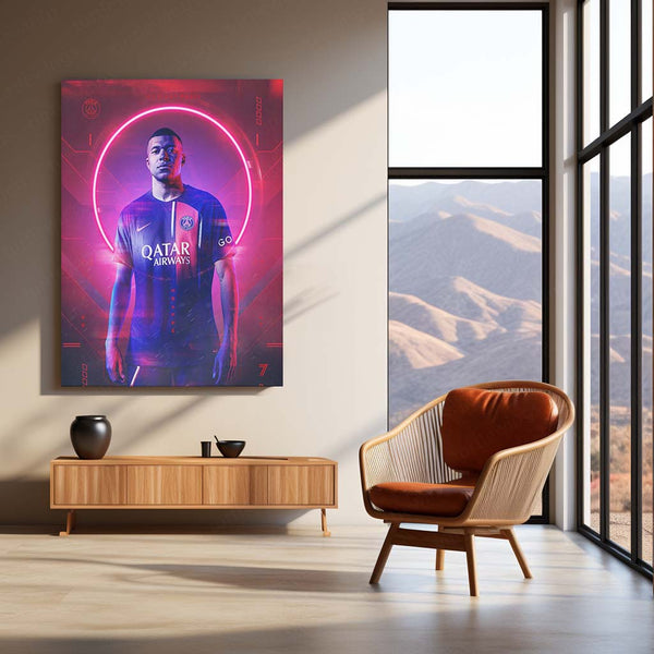 Kylian Mbappé – PSG Neon Glow Edition Metal Poster | Football Superstar LED Wall Frame