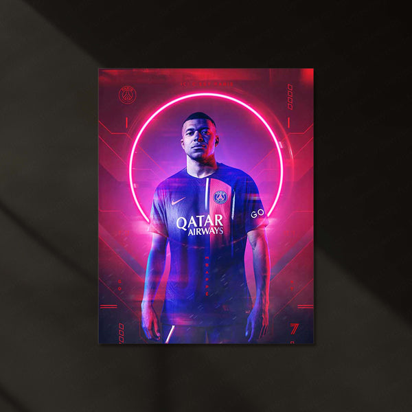 Kylian Mbappé – PSG Neon Glow Edition Metal Poster | Football Superstar LED Wall Frame