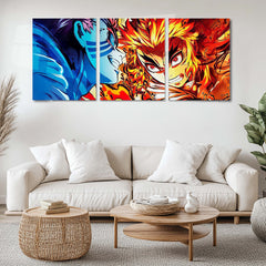 Anime Metal Poster Set of 3 | Demon Slayer | Kyojuro Rengoku VS Akaza Battle Triptych Wall Art