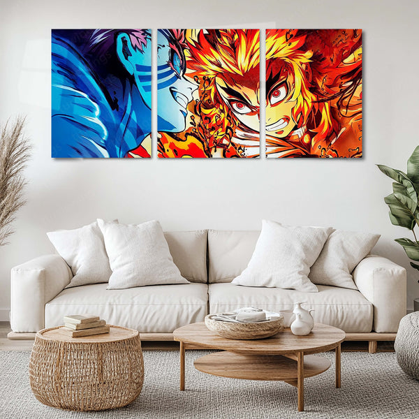Anime Metal Poster Set of 3 | Demon Slayer | Kyojuro Rengoku VS Akaza Battle Triptych Wall Art
