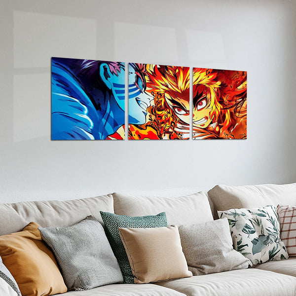 Anime Metal Poster Set of 3 | Demon Slayer | Kyojuro Rengoku VS Akaza Battle Triptych Wall Art