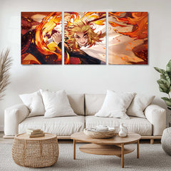 Anime Metal Poster Set of 3 | Demon Slayer | Kyojuro Rengoku Flame Hashira Triptych Wall Art