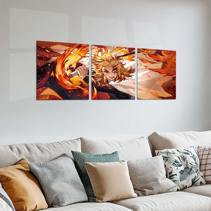 Anime Metal Poster Set of 3 | Demon Slayer | Kyojuro Rengoku Flame Hashira Triptych Wall Art