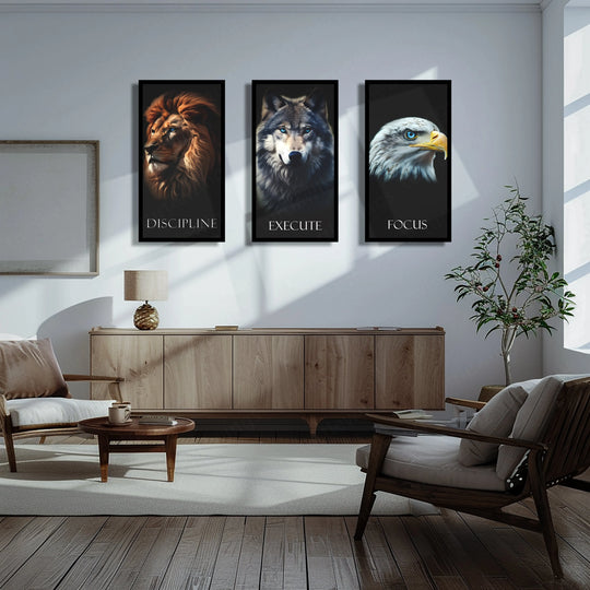 Urban aesthetic Metal Poster | Discipline, Execute, Focus – Motivational 3-Piece Metal Poster Set Fox Egale Lion | With Frame
