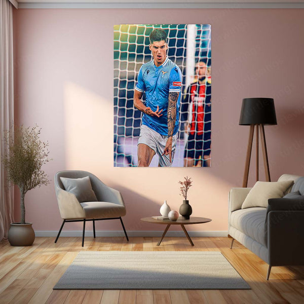 Joaquín Correa Lazio Metal Frame – Home Kit with Captain’s Armband & Tattoo Sleeve | Italian Football Wall Art - TURTLEWINGS 