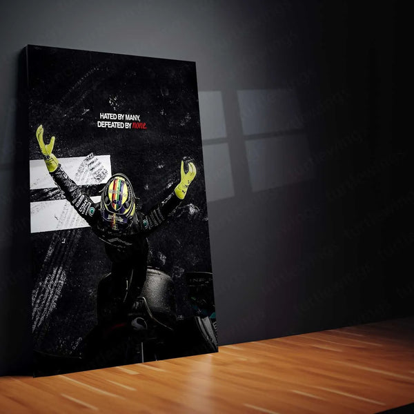 Quote Metal Poster | Lewis Hamilton – “HATED BY MANY, DEFEATED BY NONE.” | Champion Mindset Metal Poster - TURTLEWINGS 