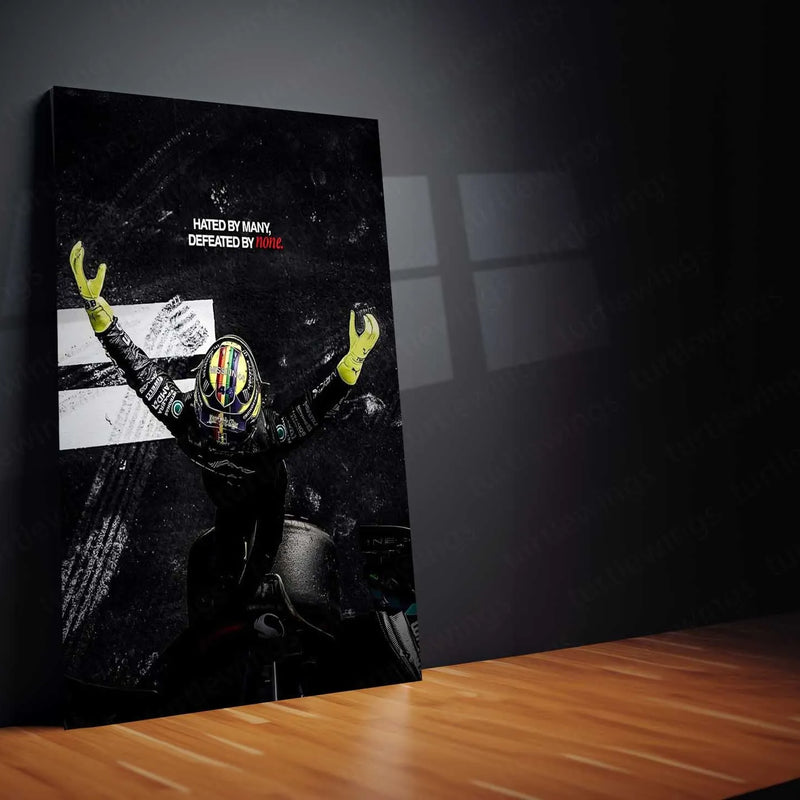 Quote Metal Poster | Lewis Hamilton – “HATED BY MANY, DEFEATED BY NONE.” | Champion Mindset Metal Poster - TURTLEWINGS 