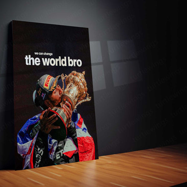 Lewis Hamilton Kissing Trophy – “We Can Change the World, Bro” Metal Poster | Legacy x Purpose Wall Art