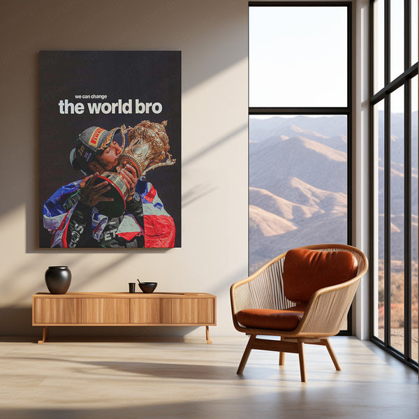 Lewis Hamilton Kissing Trophy – “We Can Change the World, Bro” Metal Poster | Legacy x Purpose Wall Art